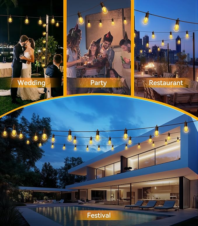 Outdoor-String-Lights-Patio-LED-Light-Outside 50Ft 15M Waterproof Remote Dimmable S14 LED Porch Lighting with 15 Edison Plastic Bulb Hanging Lights Connectable for Backyard Yard Gazebo Party Garden-Ruum Studio Home
