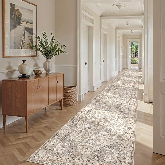 Washable 3x20 Runner Rug - Area Rugs Neutral Vintage Distressed Floral Farmhouse Boho Large Soft Floor Rug Indoor Carpet for Hallway Entryway Home - Brown/Multi-Ruum Studio Home