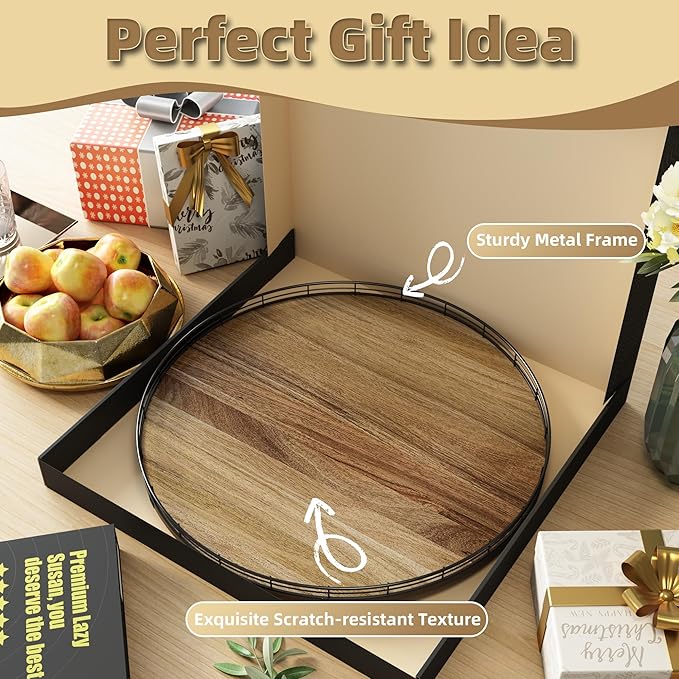 Acacia Wood 21" Lazy Susan Turntable Organizer for Table Top, Farmhouse Extra Large Round Lazy Susan for Serving Kitchen Countertop Cabinet for Charcuterie Centerpiece, Bathroom Vanity Tray Decor-Ruum Studio Home