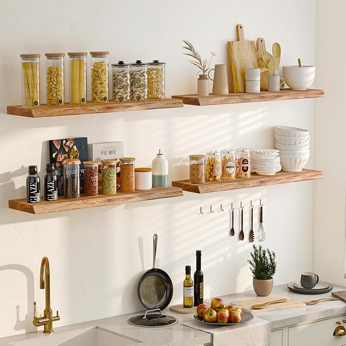 Floating Shelves for Wall, 42" Live Edge Solid Elm Wood Floating Shelf, Wall-Mounted Display Shelves with Invisible Heavy-Duty Metal Bracket, Floating Shelf for Living Room Kitchen, Natural-Ruum Studio Home