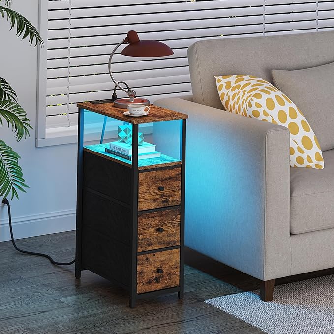 TUTOTAK Narrow LED Night Stand with Charging Station, Slim End Table with Plugins, Tall Side Table with 3 Fabric Drawer, Small Bedside Table with Storage, Set of 2, for Living Room, Brown TB01BB073L-Ruum Studio Home