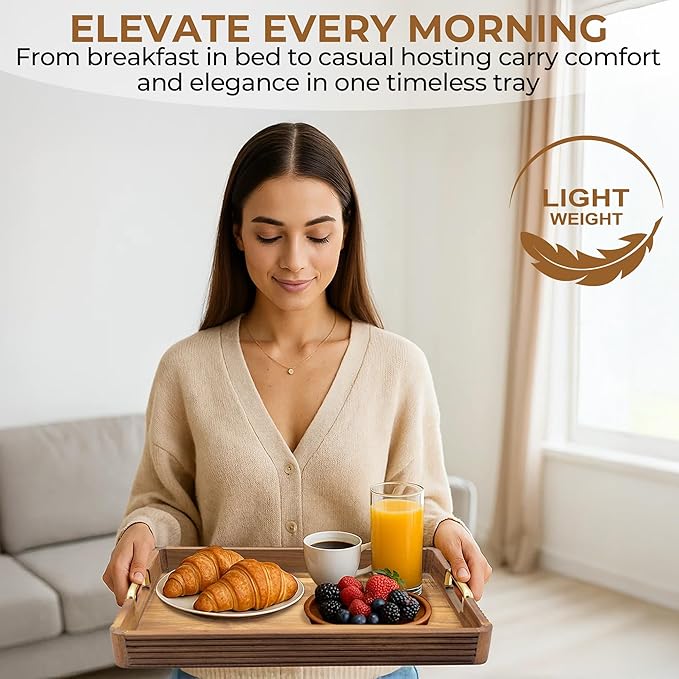 Acacia Wood Serving Tray with Metal Handles – 17x12in Rustic Decorative Ottoman & Coffee Table Tray for Breakfast in Bed, Dinner, Bar, Kitchen, Home Décor & Entertaining-Ruum Studio Home