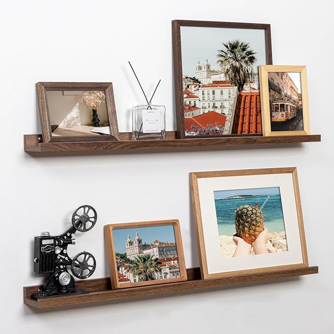 Fun Memories Picture Ledge Shelf, 36 Inch Floating Shelves Set of 2, Nursery Book Shelves for Toys Storage, Kids Bookshelf Wall Mounted for Wall Decor Books Photo Frames, Walnut-Ruum Studio Home