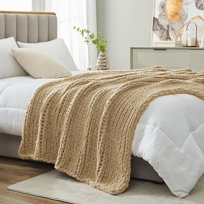 Amélie Home Chunky Knit Throw Blanket for Couch, Soft Chenille Crochet Blanket for Sofa, 50"x60", Beige-Ruum Studio Home