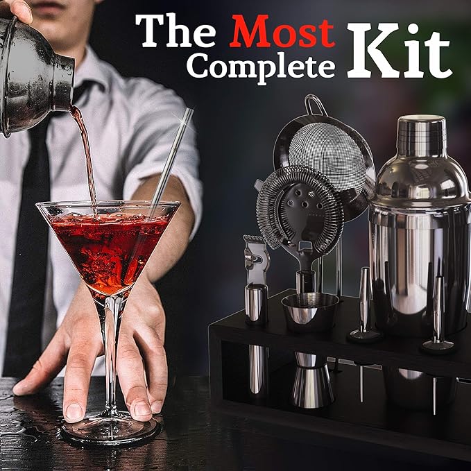 Highball & Chaser 13-Piece Cobbler Cocktail Shaker Set: Black Polished Stainless Steel Bartender Kit for Home Bar Set | Laser Engraved Tools Plus E-Book with 30 Recipes-Ruum Studio Home