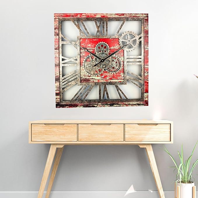 The Gears Clock 24'' Inch Square Real Moving Gear Wall Clock Vintage Industrial Oversized Rustic Farmhouse (Red Lava)-Ruum Studio Home