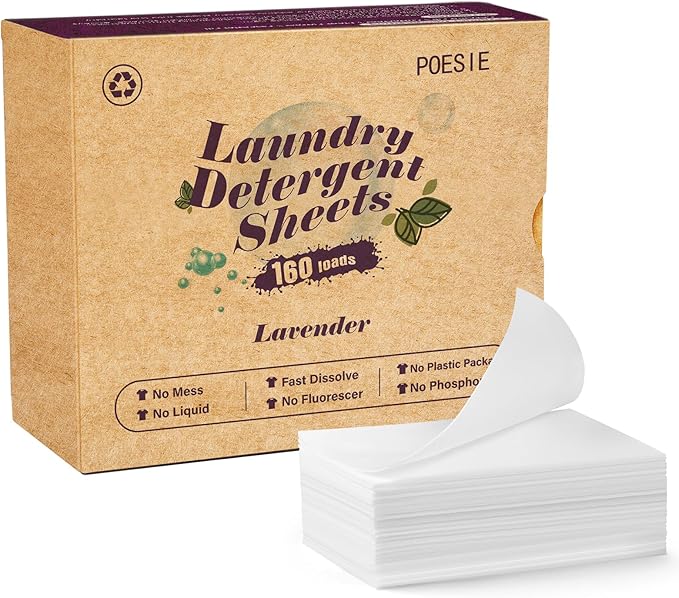 Poesie Laundry Detergent Sheets Lavender Scent 160 Sheets 80 Large Loads Soap Sheets Eco-Friendly Zero Plastic Hypoallergenic Portable Green Package Liquid Less HE Washing Detergent Strips for Save Place Traveling No Waste-Ruum Studio Home