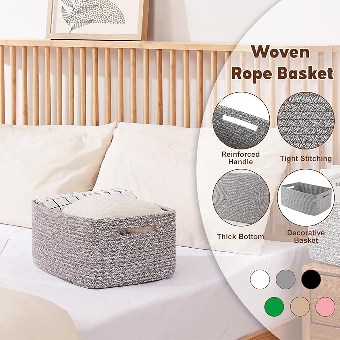 OIAHOMY Storage Basket for Shelves, Closet Cube Storage Bins Baskets for Clothes Blanket Towels, Baby Nursery, Toy Baskets Box, Woven Rope Basket, 15.75*11.81*7.09 IN, 2 Packs Grey-Ruum Studio Home