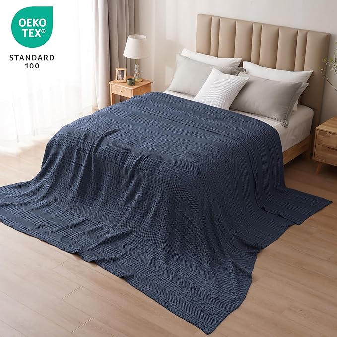 PHF 100% Cotton Waffle Blanket Oversized King 120"x120", Lightweight Breathable Extra Large 10'x10' Summer Blankets for Bed, Giant Big Luxury Aesthetic Woven Bedding for Home Decor, Dark Navy-Ruum Studio Home