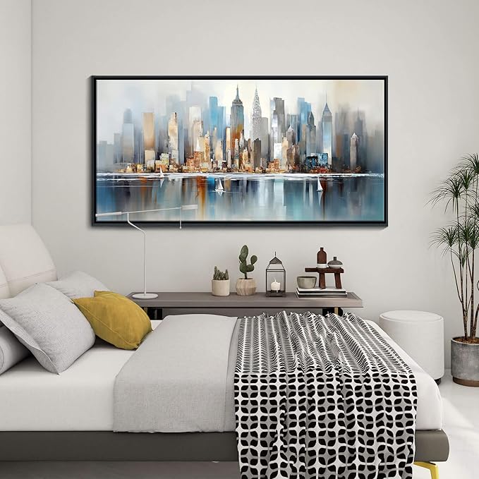 DUNHUANG ART Modern New York City Skyline Wall Art - Abstract Colorful Manhattan Sky Painting for Home & Office Decor - Large Framed Cityscape Picture 24"x48"-Ruum Studio Home