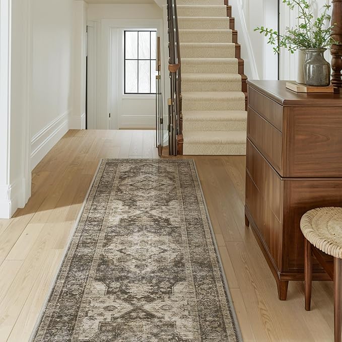 AMOAMI-2X6 Runner Rug-Washable Runners for Hallways-Soft Non Slip Bedside Rugs for Bedroom-Vintage Long Rug for Hallways Entryway Laundry Room Stair Kitchen Bathroom Light Brown/Coffee-Ruum Studio Home