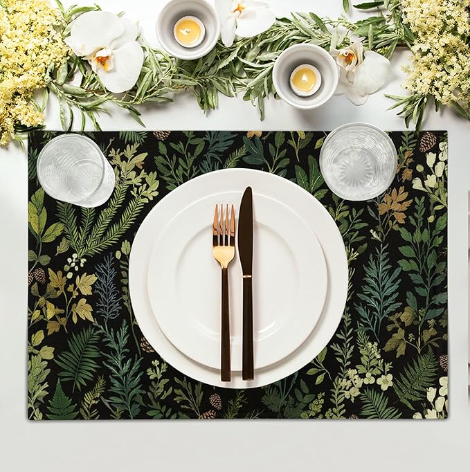 Black Sage Green Plant Placemats Set of 4 Vintage Botanic Fern Leaves Herb Floral Place Mats Rustic Farmhouse Linen Fabric Table Mats for Party Kitchen Dining Outdoor Indoor Decor-Ruum Studio Home