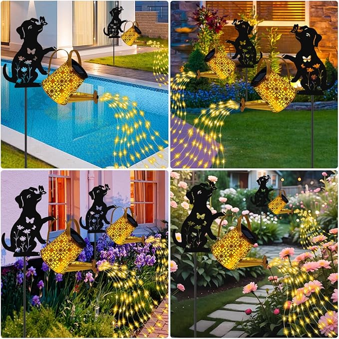 Solar Lights Outdoor Decorative, Watering Can with Cascading Lights, with Dog Silhouette Garden Stakes, Waterproof Metal Garden Decor for Yard Art, Outside, Patio, Lawn Ornaments(1 Pack)-Ruum Studio Home