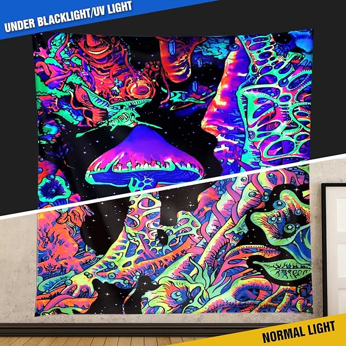 ADDWel Blacklight Mushroom Tapestry, Upright Tapestry Glow In The Dark, UV Reactive Black Light Tapestries Posters Wall Hanging for Backdrop Bedroom Dorm Living Room Decor(70"x90")-Ruum Studio Home