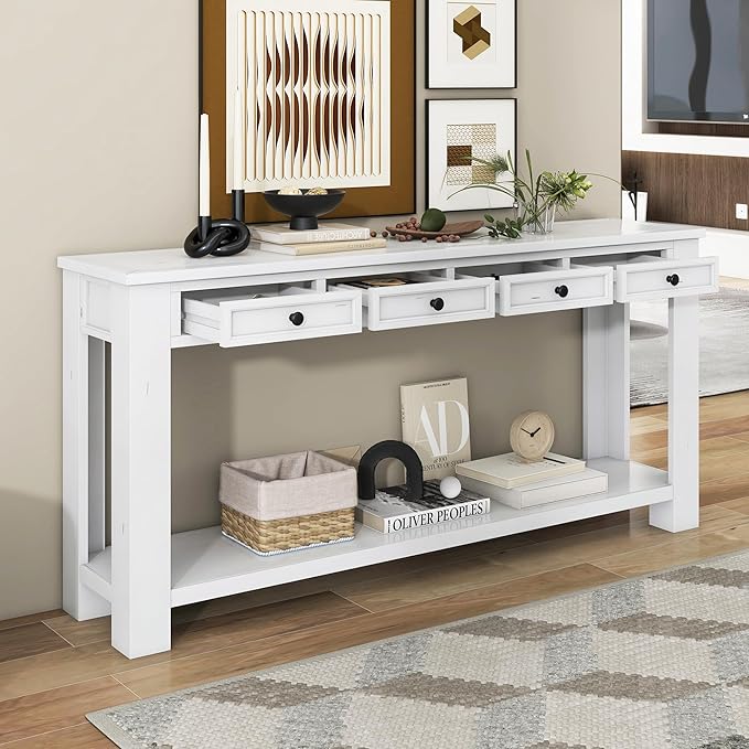 White Console Table,Solid Wood Sofa Table with 4 Drawers Hallway Table for Storage Entry Foyer Behind Couch Table,Fully Assembled (63" White)-Ruum Studio Home