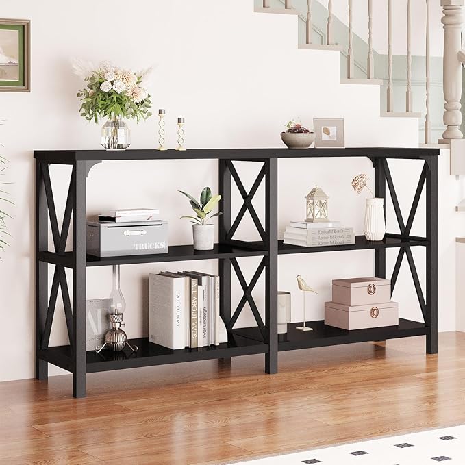 LVB Black Console Table, Modern Entryway Table with 3 Tier Storage Shelves, Industrial Sofa Table Behind Couch for Living Room, Farmhouse Wood Metal Entry Table for Hallway Foyer, Black Oak, 55 Inch-Ruum Studio Home