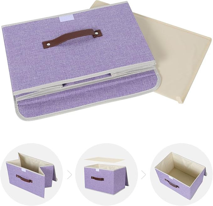 ANMINY 2PCS Storage Bins with Lid PU Leather Handles Storage Boxes PP Plastic Board Decorative Foldable Lidded Cotton Linen Fabric Home Cubes Baskets Closet Organizer Containers - Purple, Large Size-Ruum Studio Home