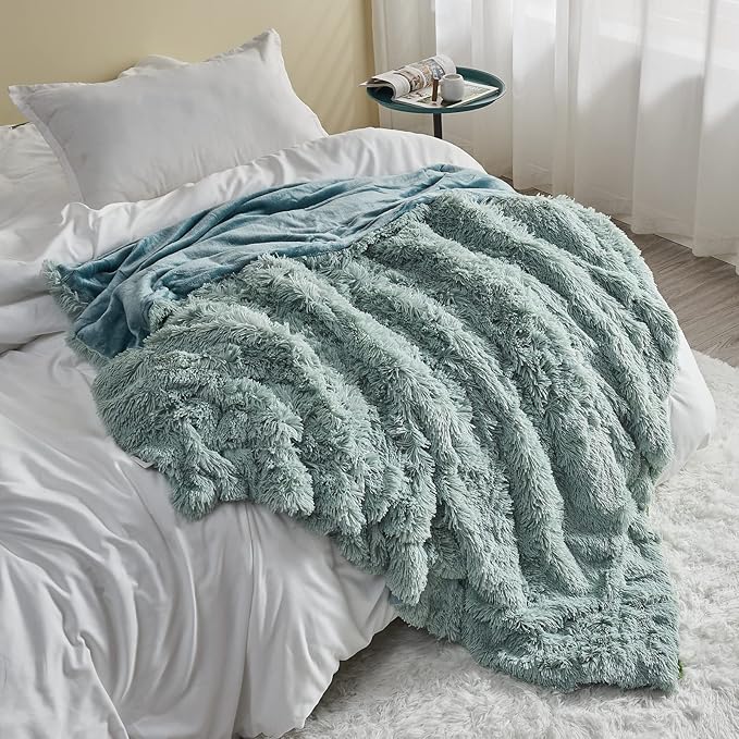 GONAAP Fuzzy Faux Fur Throw Blanket Queen Size Ice Blue Super Soft Cozy Plush Fuzzy Shaggy Blanket for Couch Sofa Bed (Ice Blue, Queen(90"x90"))-Ruum Studio Home