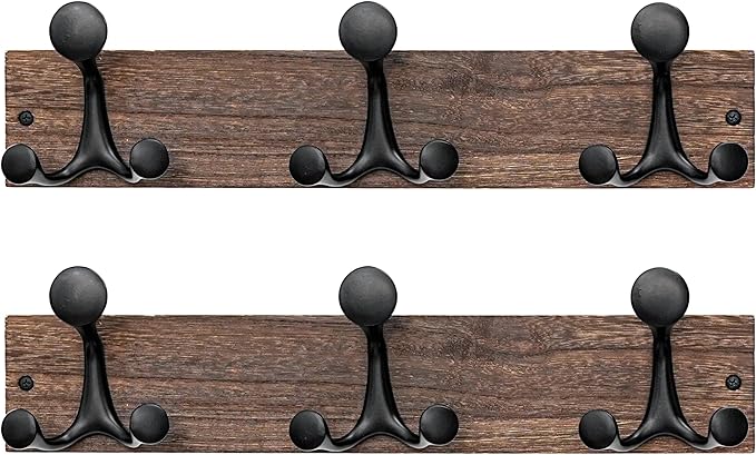 SKOLOO 17-Inch Wood Burnt Coat Rack Wall Mount with 3 Triple Hooks - Ideal for Family Entrances, Classrooms, and Pet Supplies Storage - Perfect Coat Hooks for Wall, Pack of 2-Ruum Studio Home