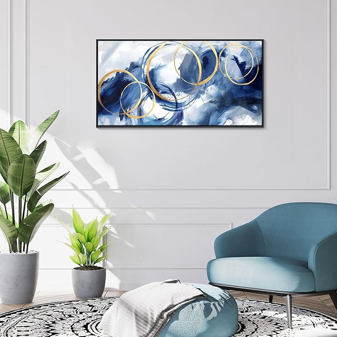 AJAZIKO Blue Abstract Wall Art Modern Navy Blue and Gold Pictures for Living Room Paintings Office Artwork Wall Decor Framed Canvas Wall Art Bedroom Wall Decor Above Bed 20×40IN-Ruum Studio Home