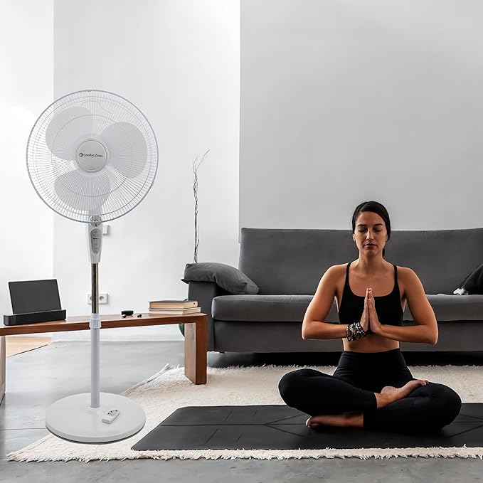 Comfort Zone 18-Inch Oscillating Pedestal Fan with Remote Control, 3-Speed Standing Fan with Adjustable Height (45–52”), Tilt, 4-Hour Timer & Auto Shutoff – Quiet Bedroom Fan, White-Ruum Studio Home