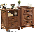 18" Farmhouse Night Stands Set of 2 with Charging Station, 2 & 3 Drawers End Table Dresser for Bedroom, Brown Wooden Nightstand, Bed Side Table with Open Shelf, Bedside Cabinet for Living Room-Ruum Studio Home