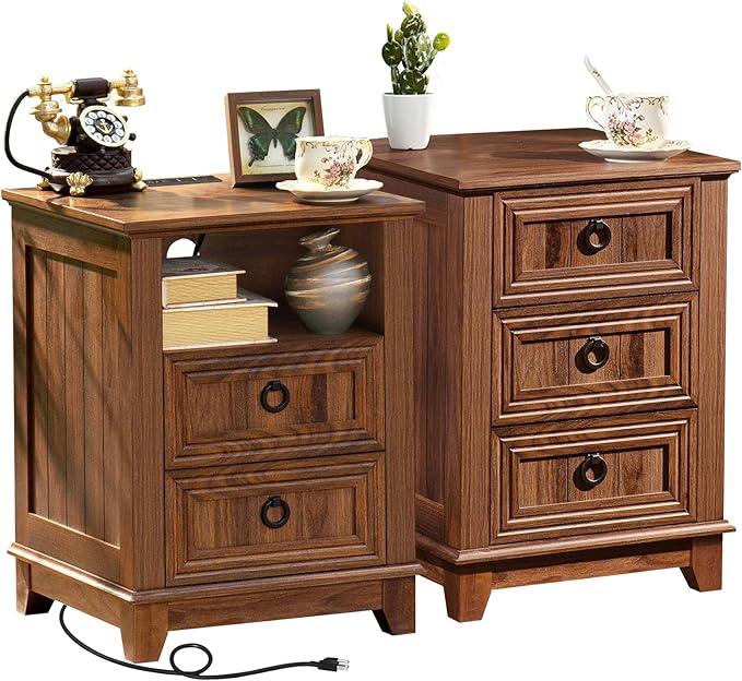 18" Farmhouse Night Stands Set of 2 with Charging Station, 2 & 3 Drawers End Table Dresser for Bedroom, Brown Wooden Nightstand, Bed Side Table with Open Shelf, Bedside Cabinet for Living Room-Ruum Studio Home