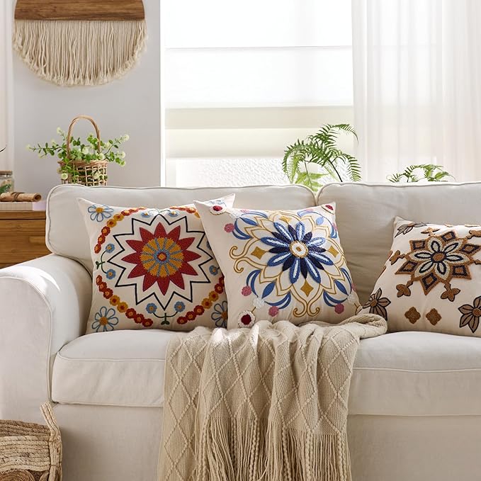 Embroidered Throw Pillow Cover 18x18 Classic Fall Boho Floral Pattern Pillows Cover Outdoor Decorative Pillowcase,Durable Cozy Textured Cushion Case for Sofa Couch Bed Living Room,Orange-Ruum Studio Home