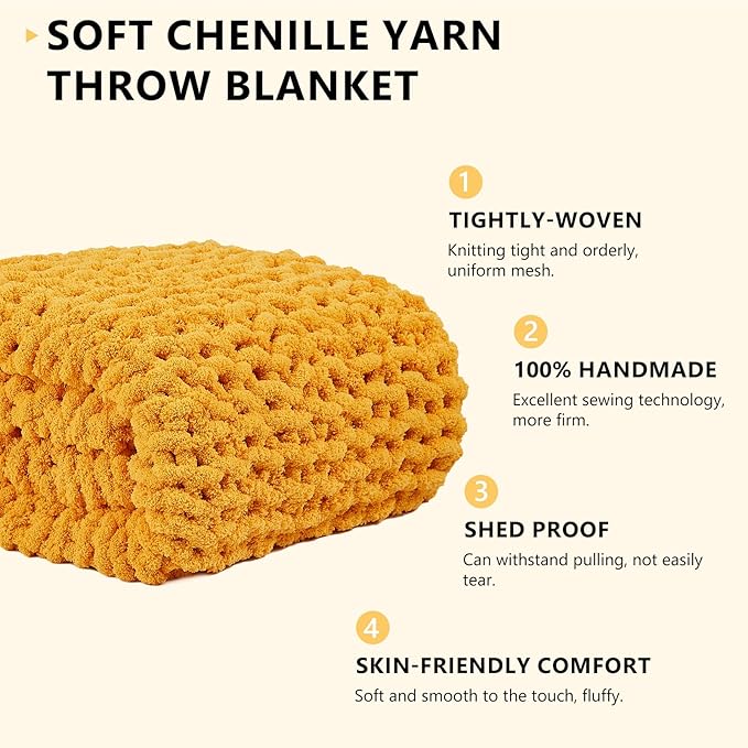 L'AGRATY Chunky Knit Blanket Throw - Soft Throw Blanket 50x60: 100% Hand Knitted Chenile Crochet Throw for Home Decor - Mustard Yellow-Ruum Studio Home
