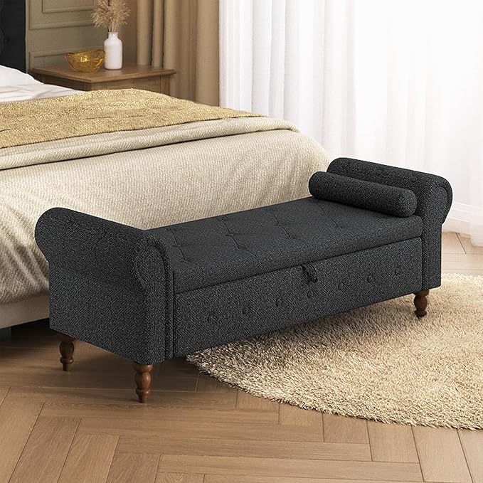 Storage Ottoman Bench for Bedroom, 63" End of Bed Bench with Rolled Arms Upholstered Ottoman Bench Fit for Bedroom, Living Room, Entryway, Linen Dark Gray-Ruum Studio Home