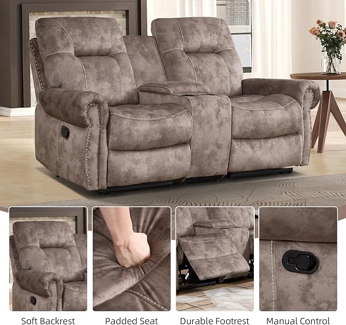 EBELLO Manual Recliner Loveseat Sofa, 2 Seater Reclining Couch Chair with Center Console, Hidden Storage and Cup Holders, Vintage Rivet Mid-Century Design for Living Room, Meeting Room, Brown-Ruum Studio Home