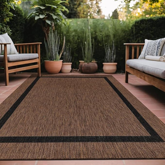 Bordered Outdoor Rug 9x12 Washable Outside Carpet for Indoor Patio Porch Waterproof Easy Cleaning Non Shedding Area Rugs Nut Brown - Black 9 x 12-Ruum Studio Home