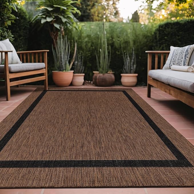 Bordered Outdoor Rug 6x9 Washable Outside Carpet for Indoor Patio Porch Waterproof Easy Cleaning Non Shedding Area Rugs Nut Brown - Black 6 x 9-Ruum Studio Home
