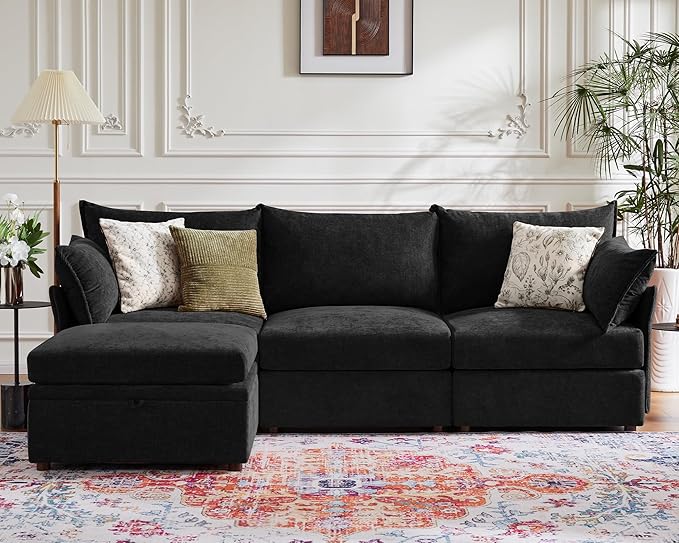 102.6" Modular Sectional Sofa, Oversized 3-Seater Couch with Removable Black Chenille Fabric Cover, Deep Seat & High Backrest for Living Room, Office & Apartment-Ruum Studio Home