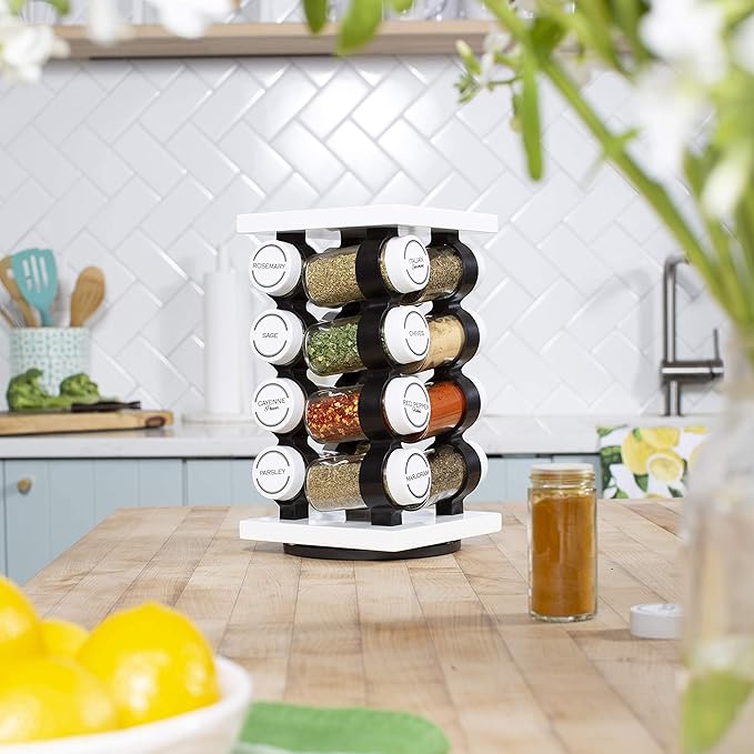 Orii Spice Rack 16 Jar Set White Filled with Spices - Rotating Standing Rack Shelf Holder & Countertop Spice Rack Tower Organizer for Kitchen Spices-Ruum Studio Home