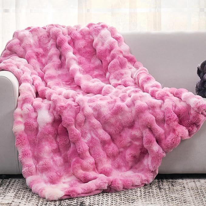 Cozy Bliss Faux Fur Throw Blanket for Couch, Fuzzy Soft Plush Thick Bubble Blanket for Sofa Bedroom Living Room, 50 * 60 Inches Tie Dye Pink-Ruum Studio Home