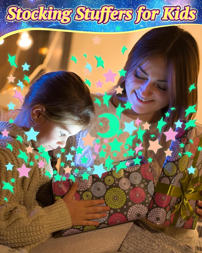 201 Pcs Glow in The Dark Stars Stickers for Ceiling, Multicolor Toddler Wall Room Decor Gifts, Luminous 3D Glowing Stars Stocking Stuffers for Kids Boys Girls