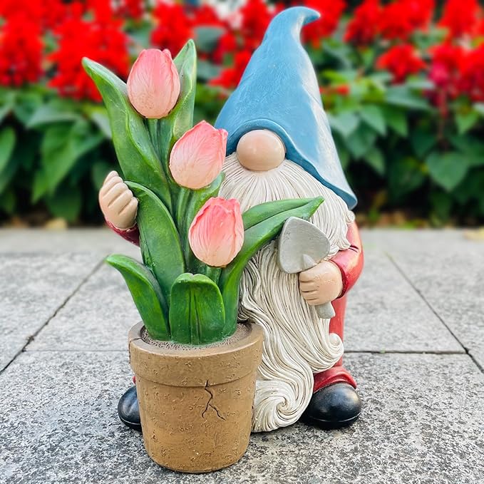 COWOS Garden Gnome Statue, Sculpture of a Dwarf Holding a Shovel and a Flower Pot, Solar Gnome Statues Outdoor Decor, Outside Lawn Patio Yard Ornament Gifts-Ruum Studio Home