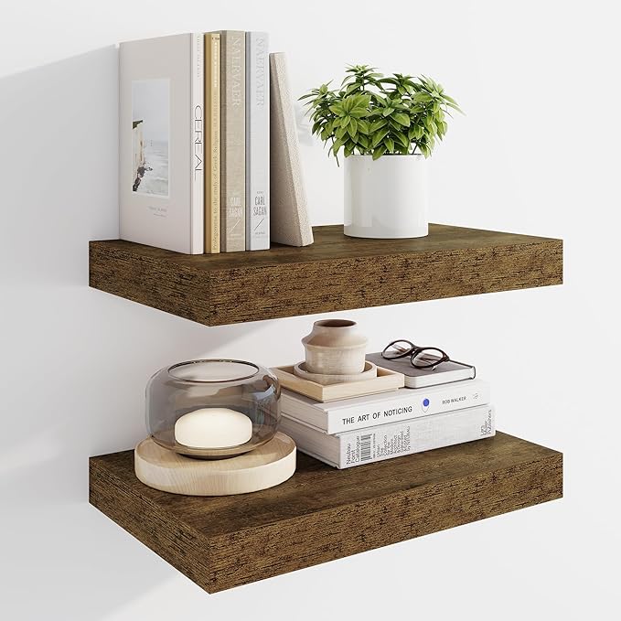 Marsmiles 16" Floating Shelves for Wall, Wooden Shelves with Invisible Brackets Set of 2, Rustic Farmhouse Wall Mounted Shelf for Kitchen Bathroom Living Room Study, Rustic Brown-Ruum Studio Home