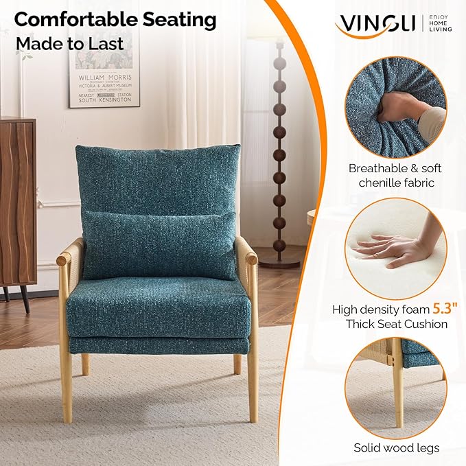 VINGLI Boho Braid Accent Armchairs Set of 2,Mid-Century Modern Chiars with Solid Wooden Armrest,Comfy Louge Cushion Chairs with Waist Pillow for Bedroom,Living Room,Reading Room, Teal-Ruum Studio Home