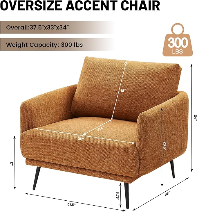 Oversized Accent Chair for Living Room Chairs Reading Arm Chair Comfy Modern Single Sofa Side Chairs with Metal Legs & Soft Cushion for Bedroom, Balcony,Waiting Room(Polyester, Caramel)-Ruum Studio Home