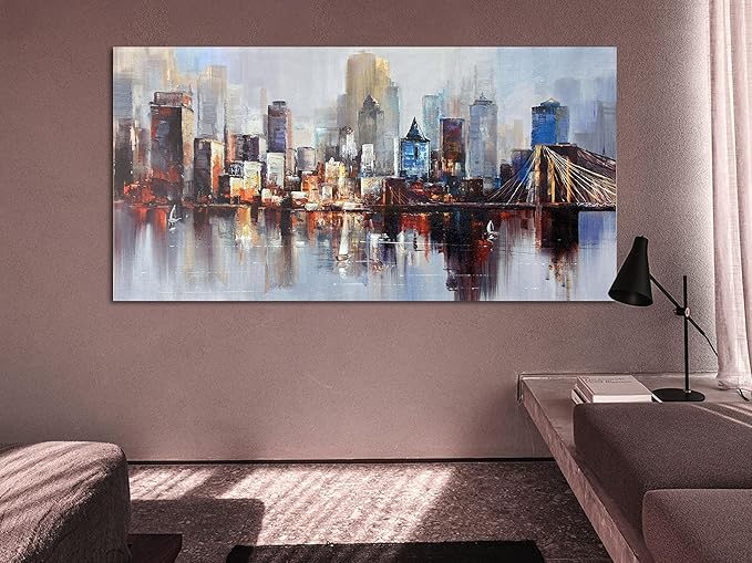Arjun Brooklyn Bridge Wall Art Modern New York City Abstract Canvas Cityscape Painting, NYC Skyline Textured Picture for Living Room Bedroom Home Office Wall Decor Extra Large Size Framed 58"x29"-Ruum Studio Home