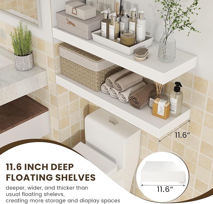 Deep Floating Shelves, 12'' Deep Rustic Large Floating Shelves Set of 2, White Shelves for Wall 36 Inches Long, Wood Shelves for Living Room Laundry Room Bedroom Kitchen Home Office - White-Ruum Studio Home