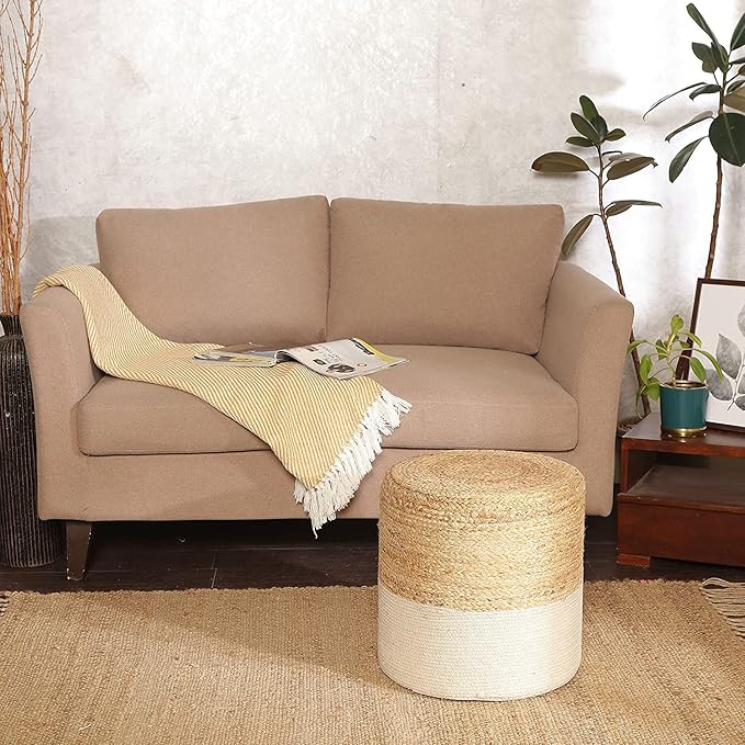 REDEARTH · Cylindrical Pouf Foot Stool Ottoman - Jute Braided Accent Sitting Footrest for The Living Room, Bedroom, Nursery, Patio, Lounge & Other Rooms in The Home (14.5”x14.5”x16”; Natural Ivory)-Ruum Studio Home
