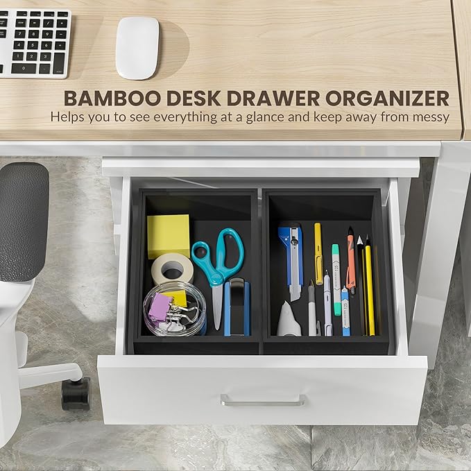 Kitchen Drawer Organizer Bins, Stackable Bamboo Drawer Organizer for Silverware, Flatware, Deep Office Desk Organizer Tray, Desktop Pen, Office Organization Black 9" x 6" x 2.5"(Set of 2)-Ruum Studio Home