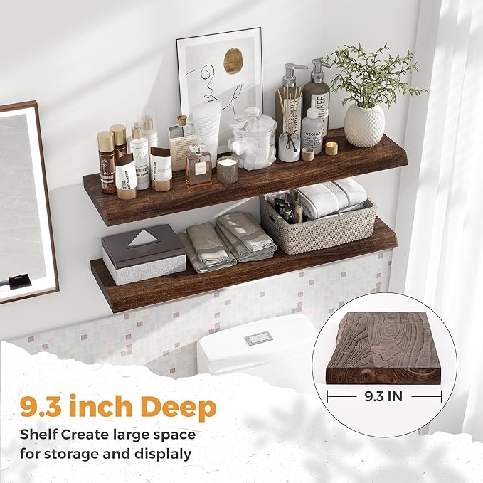 RICHFOCUS Live Edge Elm Floating Shelves - 36" W x 9.3" D Rustic Solid Wood Wall Shelves with Invisible Bracket, Wall-Mounted for Living Room, Bedroom, Kitchen Storage & Display, Set of 2, Walnut-Ruum Studio Home
