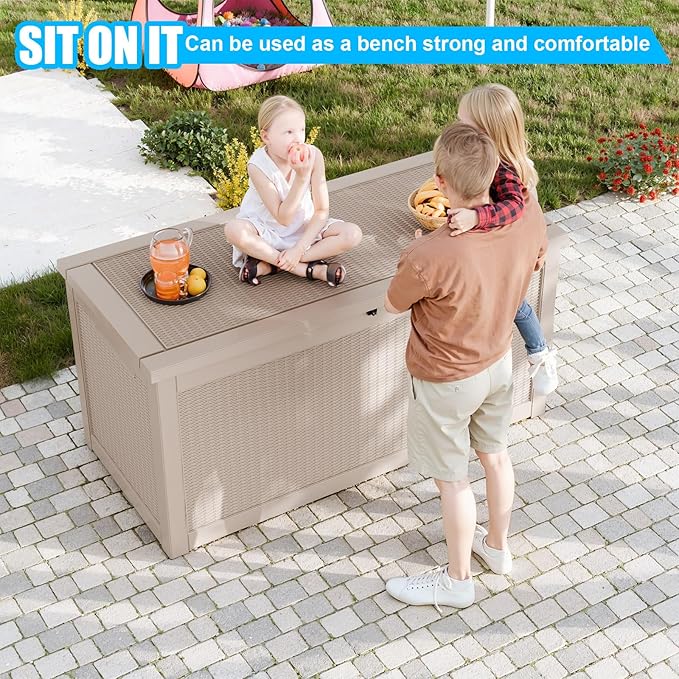 260 Gallon Large Resin Deck Box, Lockable Outdoor Storage Box for Patio Cushions Storage Furniture,Garden Tools, Pool Supplies, Weatherproof and UV Resistant- Grey Rattan (260 Gallon)-Ruum Studio Home