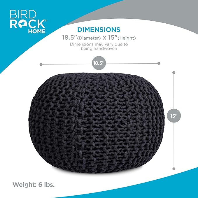 BIRDROCK HOME Round Pouf Ottoman | Cotton Braided Foot Stool with Bean Bag Filling | Boho Foot Rest for Living Room & Bedroom | Compact & Comfortable Seating, Lightweight & Soft | Charcoal-Ruum Studio Home