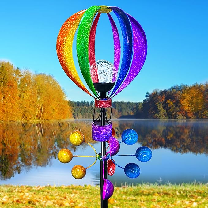 Solar Wind Spinner Outdoor - Hot Air Balloon Wind Spinners, Metal Garden Decor with LED Lights, 360° Rotating Waterproof Yard Decorations, Solar Powered for Day & Night, Lawn & Patio Windmill-Ruum Studio Home