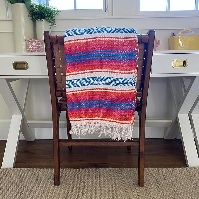 Del Mex Classic Mexican Blanket, Large Authentic Woven Falsa Throw (70"x50"), Artisan Southwest Décor for Beach, Yoga, Outdoors (Orange/Pink/Blue)-Ruum Studio Home